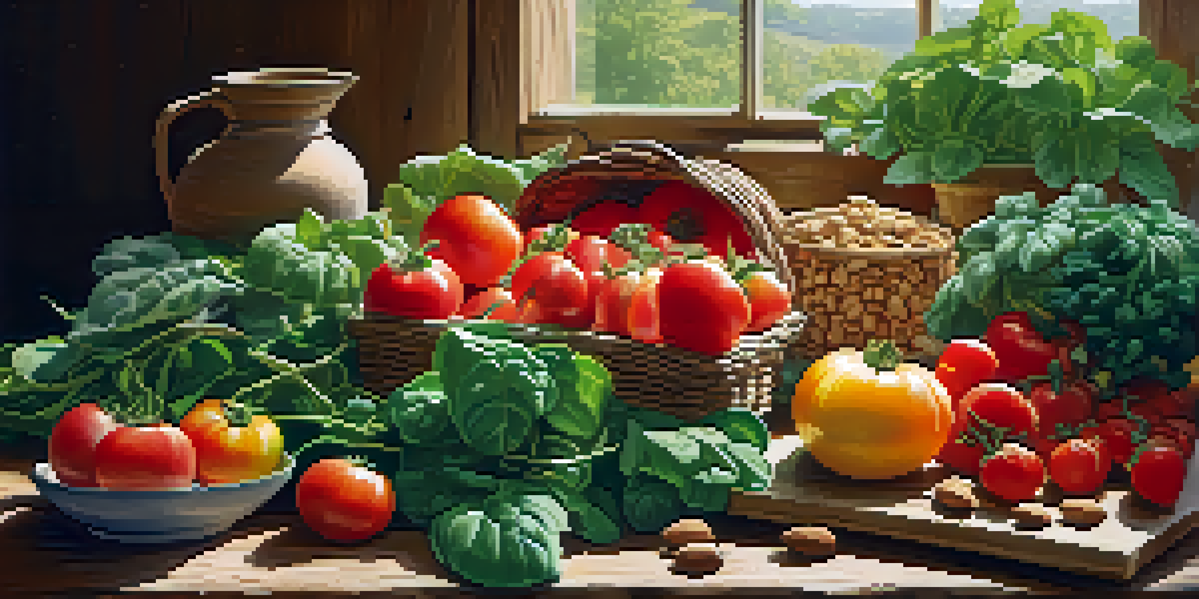 An array of fresh raw foods including heirloom tomatoes, spinach, strawberries, and nuts on a wooden table with natural sunlight.