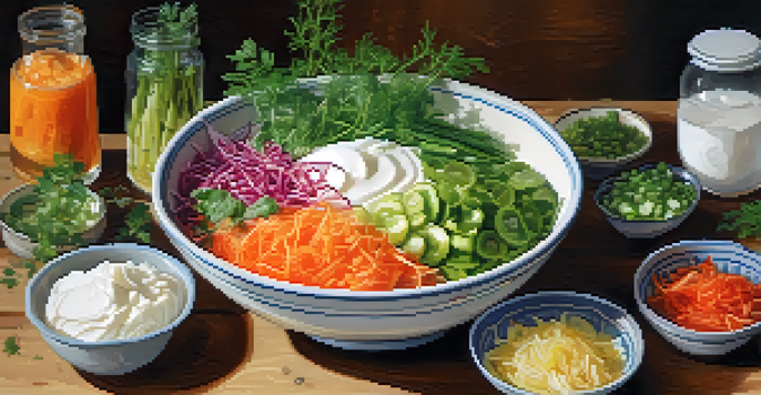 A close-up of a bowl filled with colorful fermented foods like kimchi and sauerkraut on a wooden table.