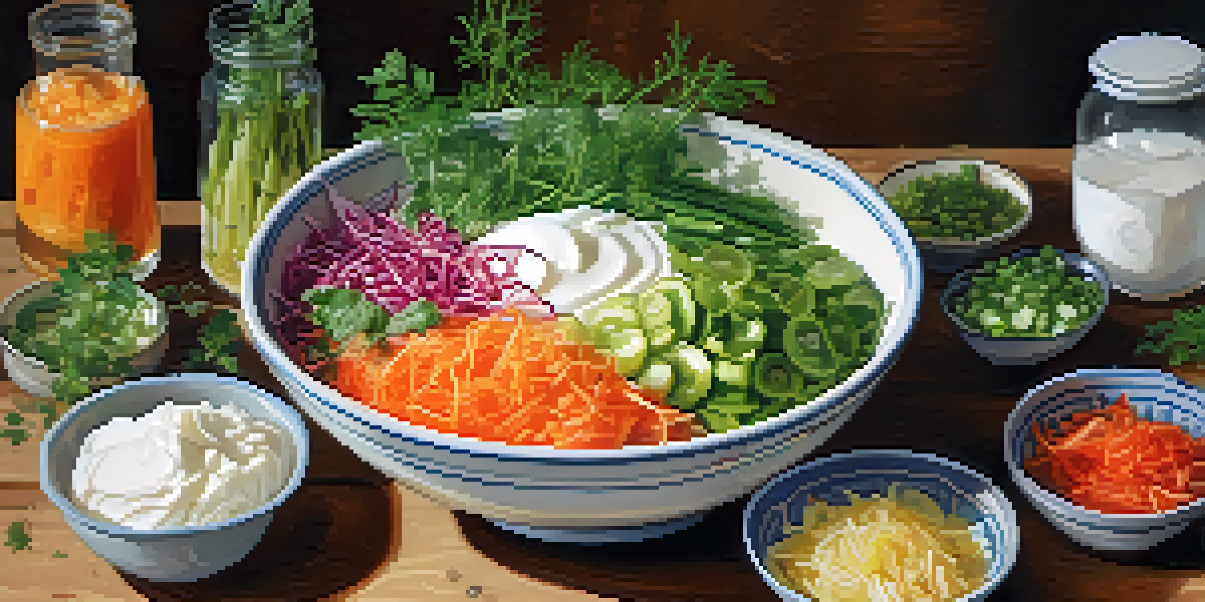 A close-up of a bowl filled with colorful fermented foods like kimchi and sauerkraut on a wooden table.