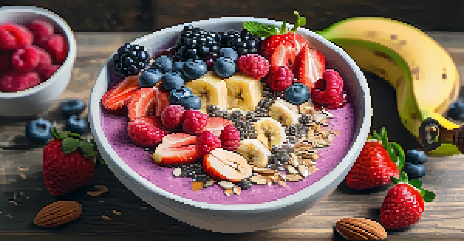 A colorful smoothie bowl filled with various fresh berries, topped with chia seeds and sliced almonds, on a wooden table with whole fruits around it.