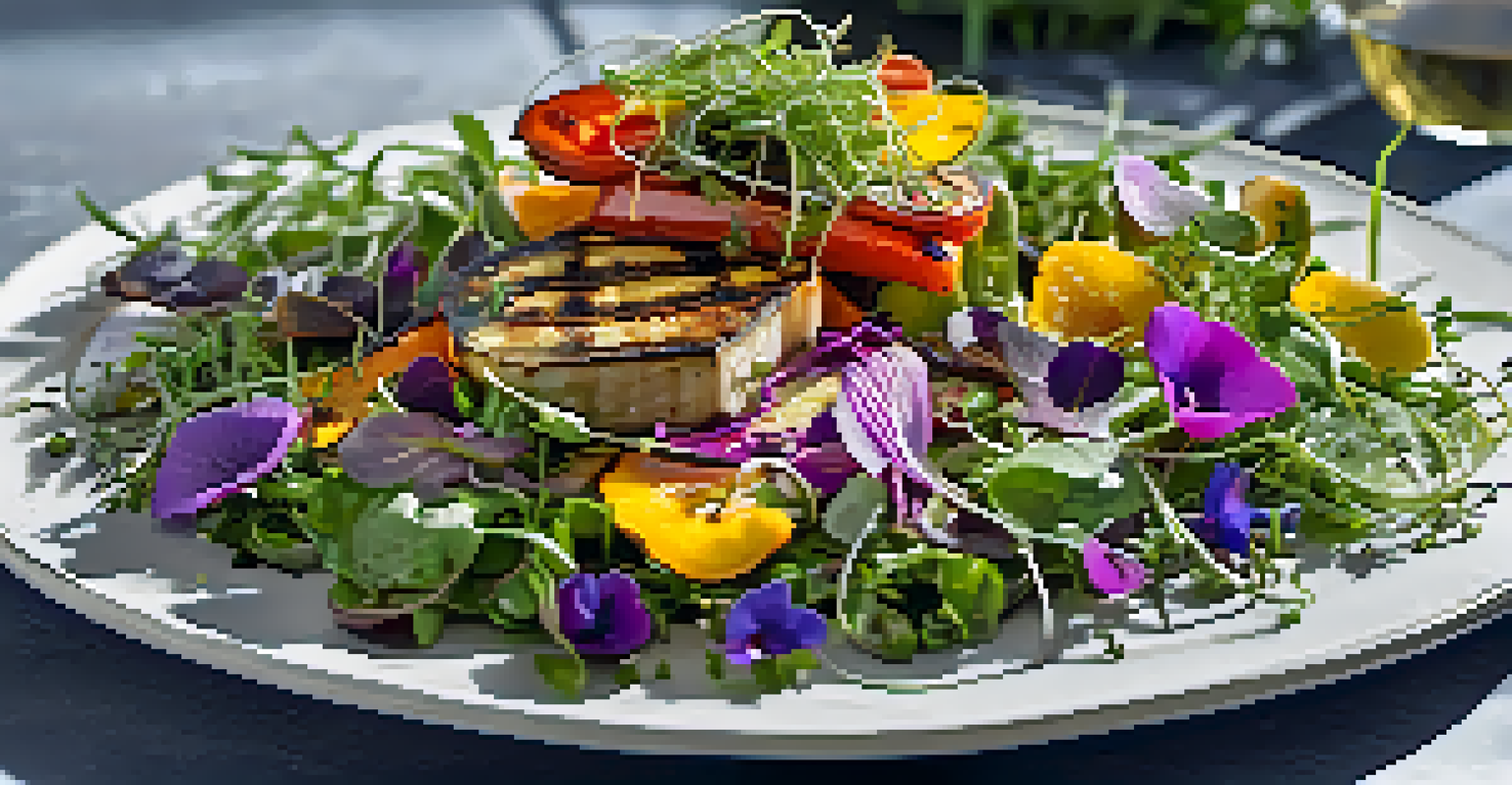 A fusion dish with grilled vegetables on fresh greens, garnished with microgreens and edible flowers, set against a bright minimalist background.