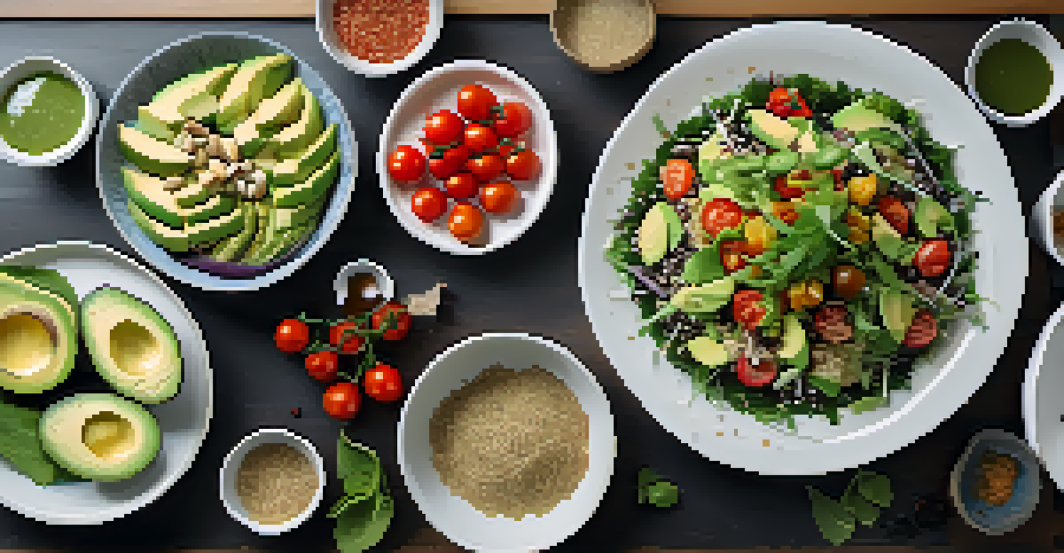 An overhead view of a fusion salad with Japanese seaweed, quinoa, and avocado on a white plate, accompanied by small bowls of cherry tomatoes and sliced almonds.