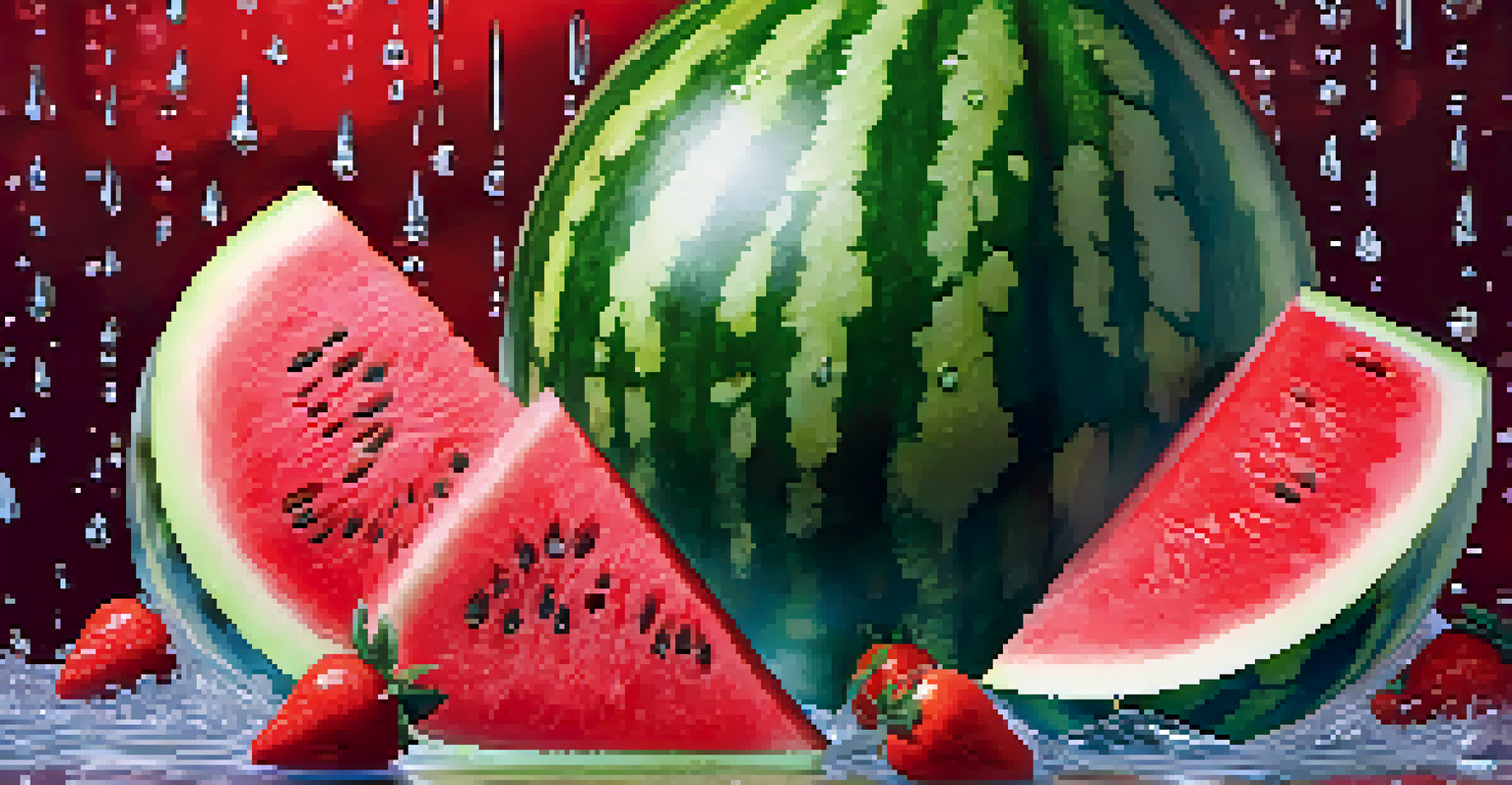 A close-up of a slice of watermelon with droplets, surrounded by strawberries and cherry tomatoes, set against a blurred green garden background.