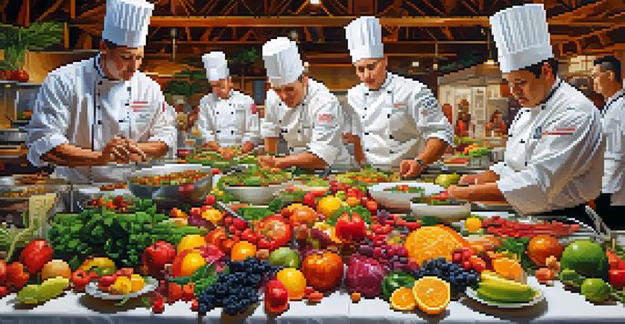 A lively competition featuring chefs preparing colorful raw food dishes, with an array of fresh ingredients and creative presentations under warm lighting.