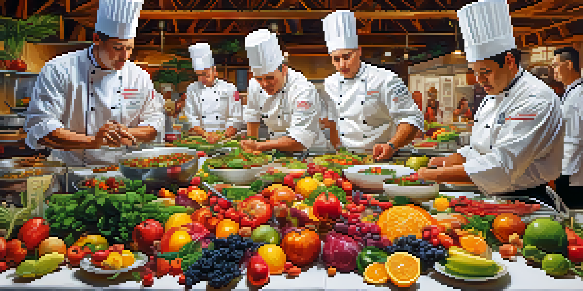 A lively competition featuring chefs preparing colorful raw food dishes, with an array of fresh ingredients and creative presentations under warm lighting.