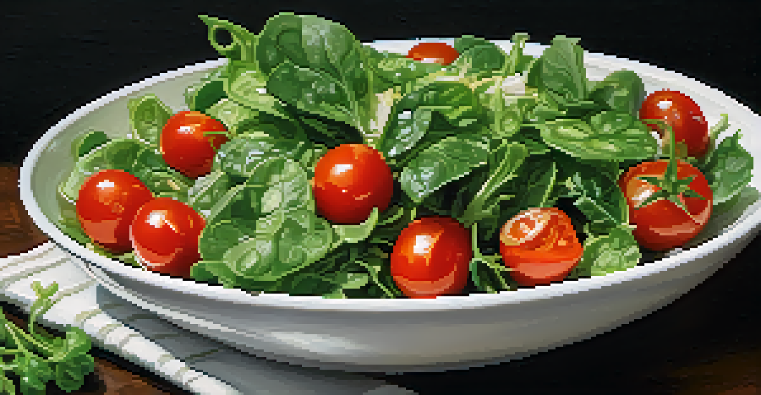 A close-up of a fresh salad with spinach, kale, cherry tomatoes, and cucumbers in a white bowl on a dark wood surface.