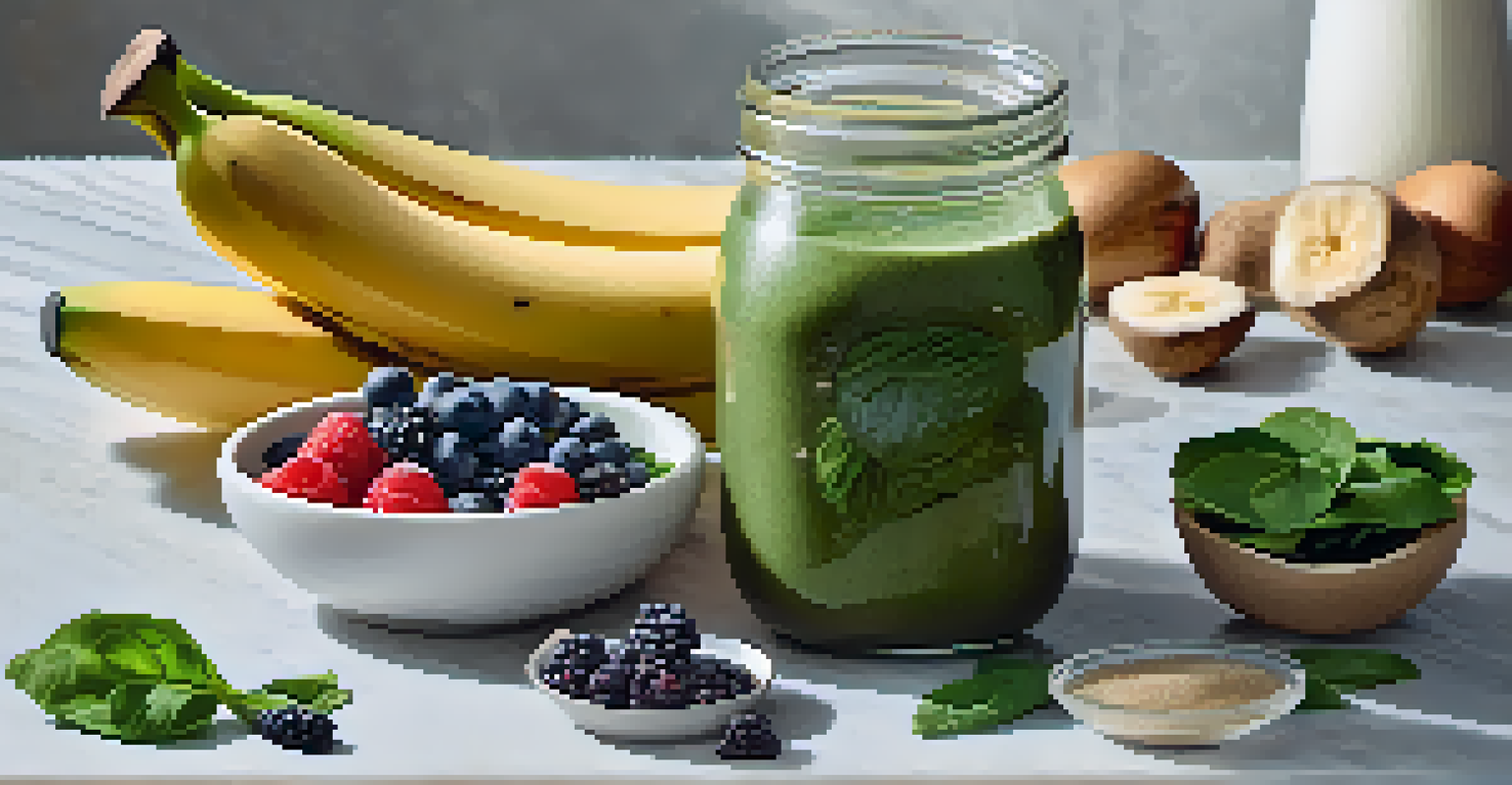 Raw ingredients for a smoothie including bananas, spinach, and berries arranged around a glass jar on a marble countertop.