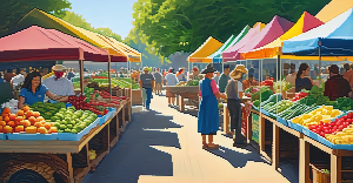 A lively farmers' market with fresh organic produce, sunlight filtering through trees, and locals interacting.