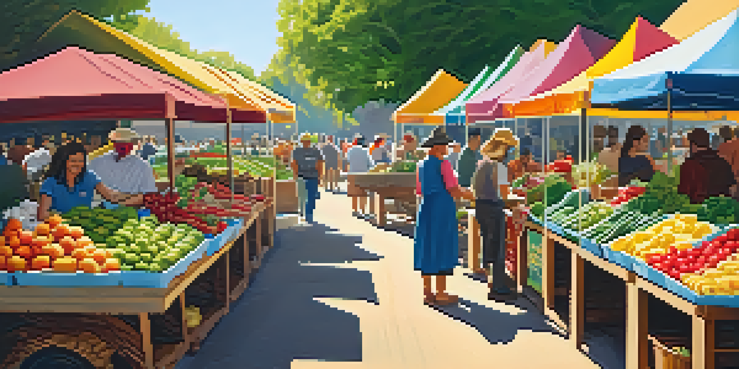 A lively farmers' market with fresh organic produce, sunlight filtering through trees, and locals interacting.