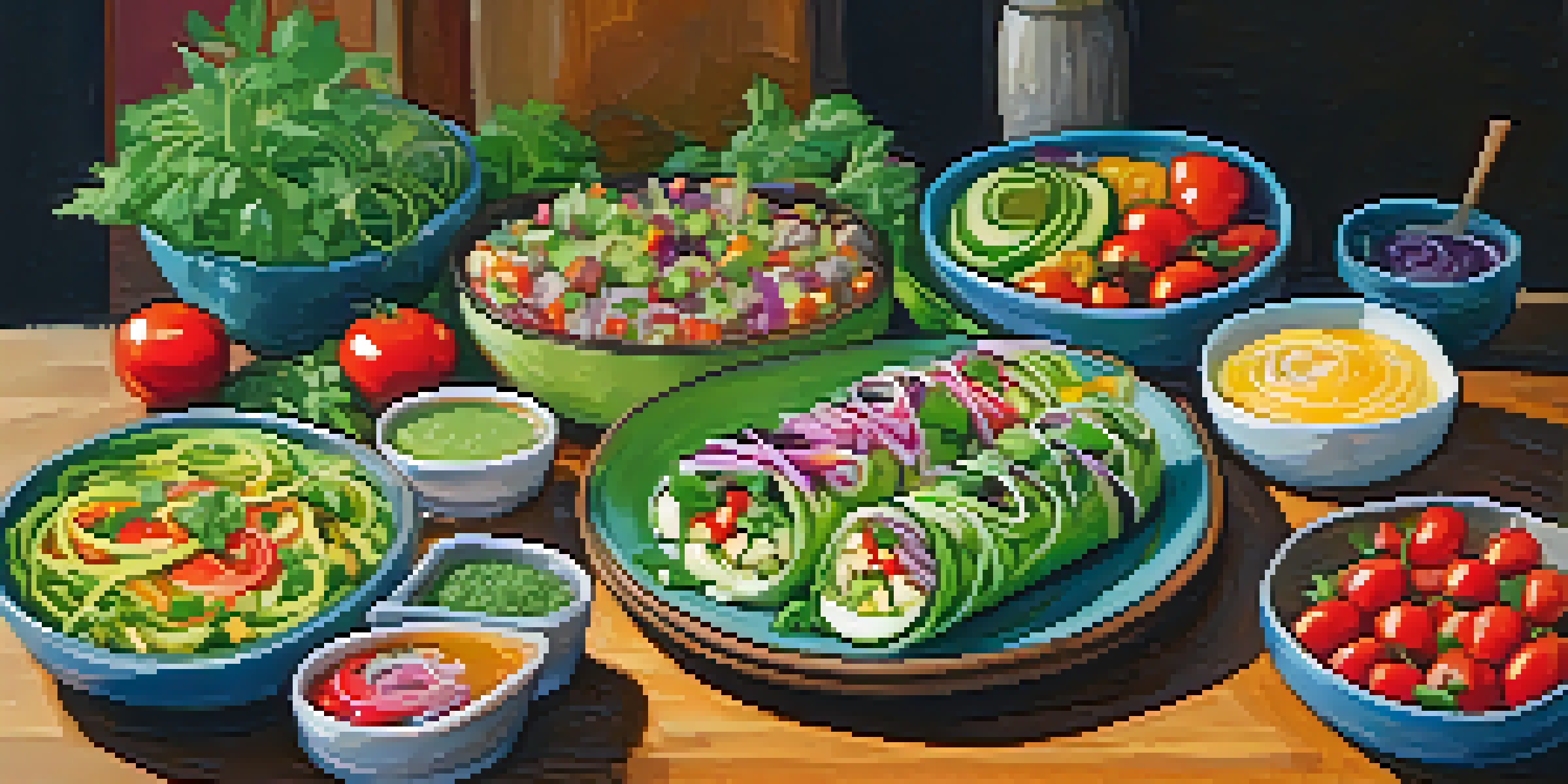 An assortment of colorful raw vegan dishes on a wooden table, including fresh spring rolls, zucchini noodles, and guacamole with fresh vegetables.