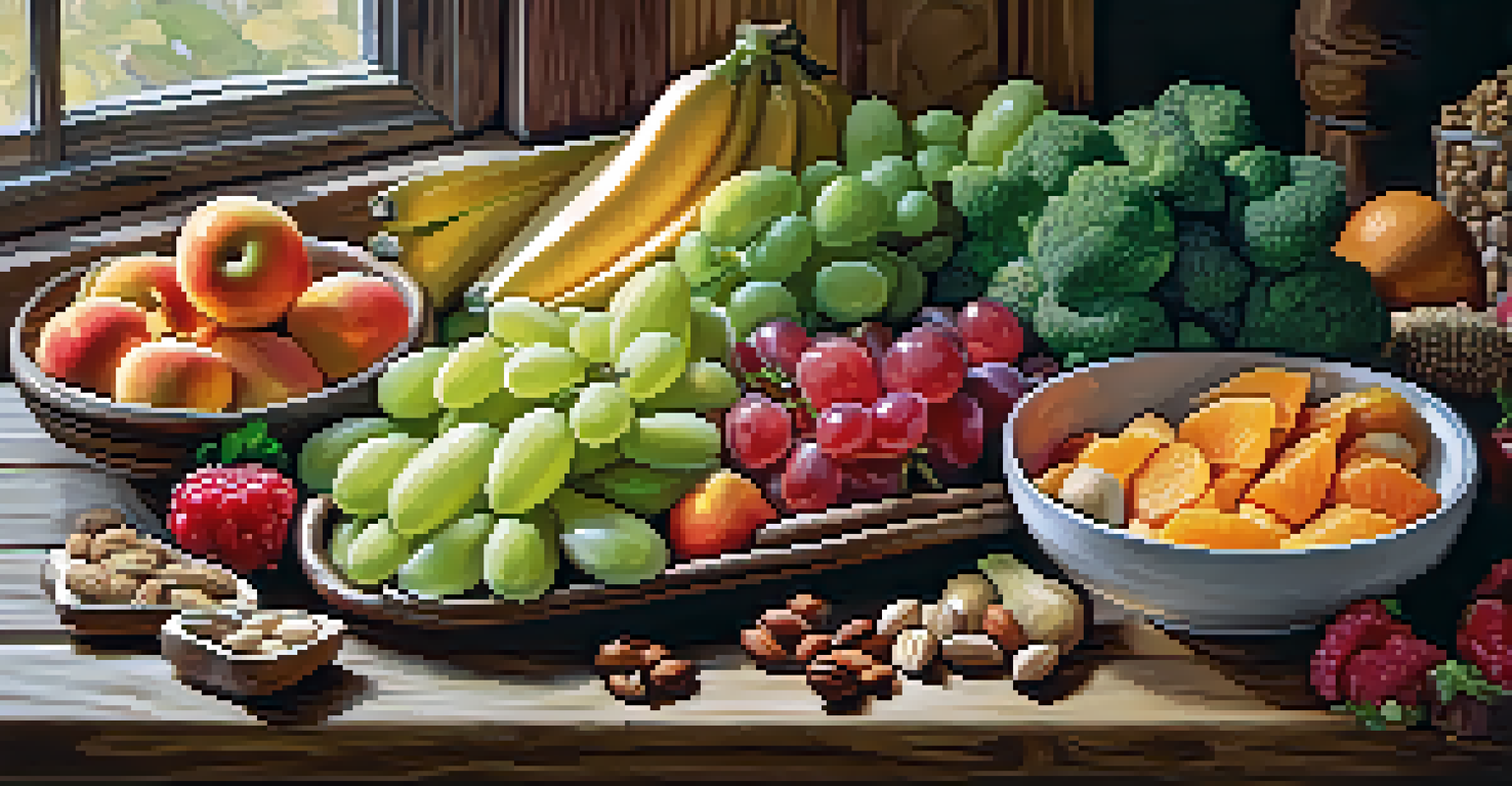 An artfully arranged raw food platter with colorful fruits, nuts, and vegetables on a rustic wooden table, illuminated by soft natural light.