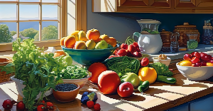 A bright kitchen filled with fresh raw ingredients including fruits, vegetables, nuts, and seeds on a wooden countertop, with a salad bowl at the center.