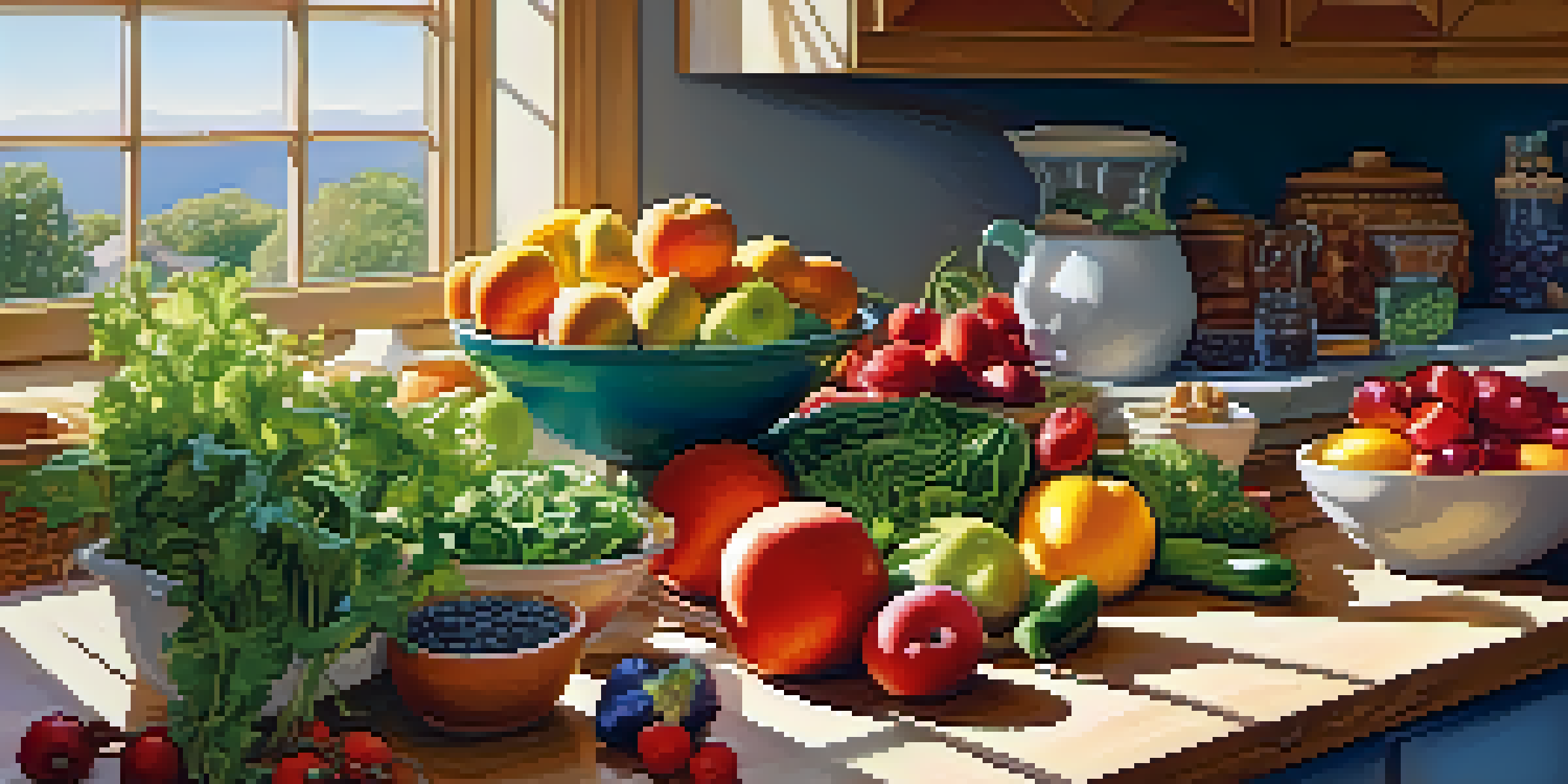 A bright kitchen filled with fresh raw ingredients including fruits, vegetables, nuts, and seeds on a wooden countertop, with a salad bowl at the center.