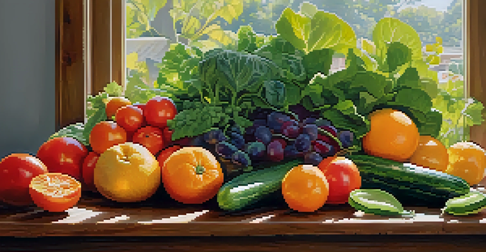 A vibrant arrangement of fresh raw fruits and vegetables on a wooden table with sunlight illuminating the scene.