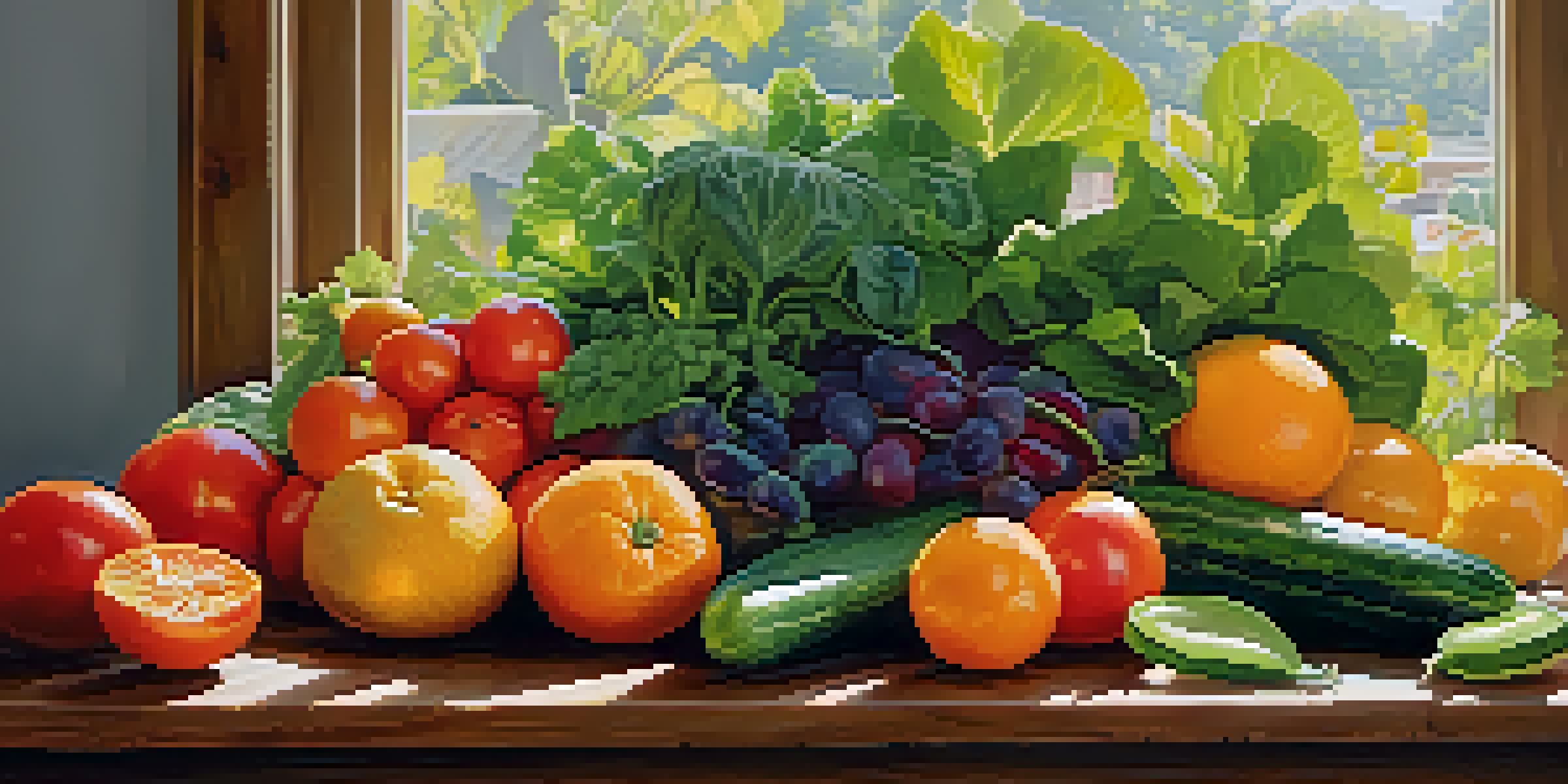 A vibrant arrangement of fresh raw fruits and vegetables on a wooden table with sunlight illuminating the scene.