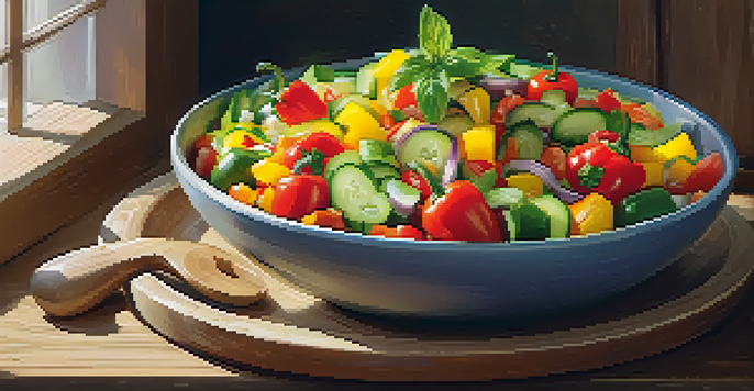 A colorful raw vegetable salad in a wooden bowl with chopped bell peppers, cucumbers, and cherry tomatoes, illuminated by sunlight.