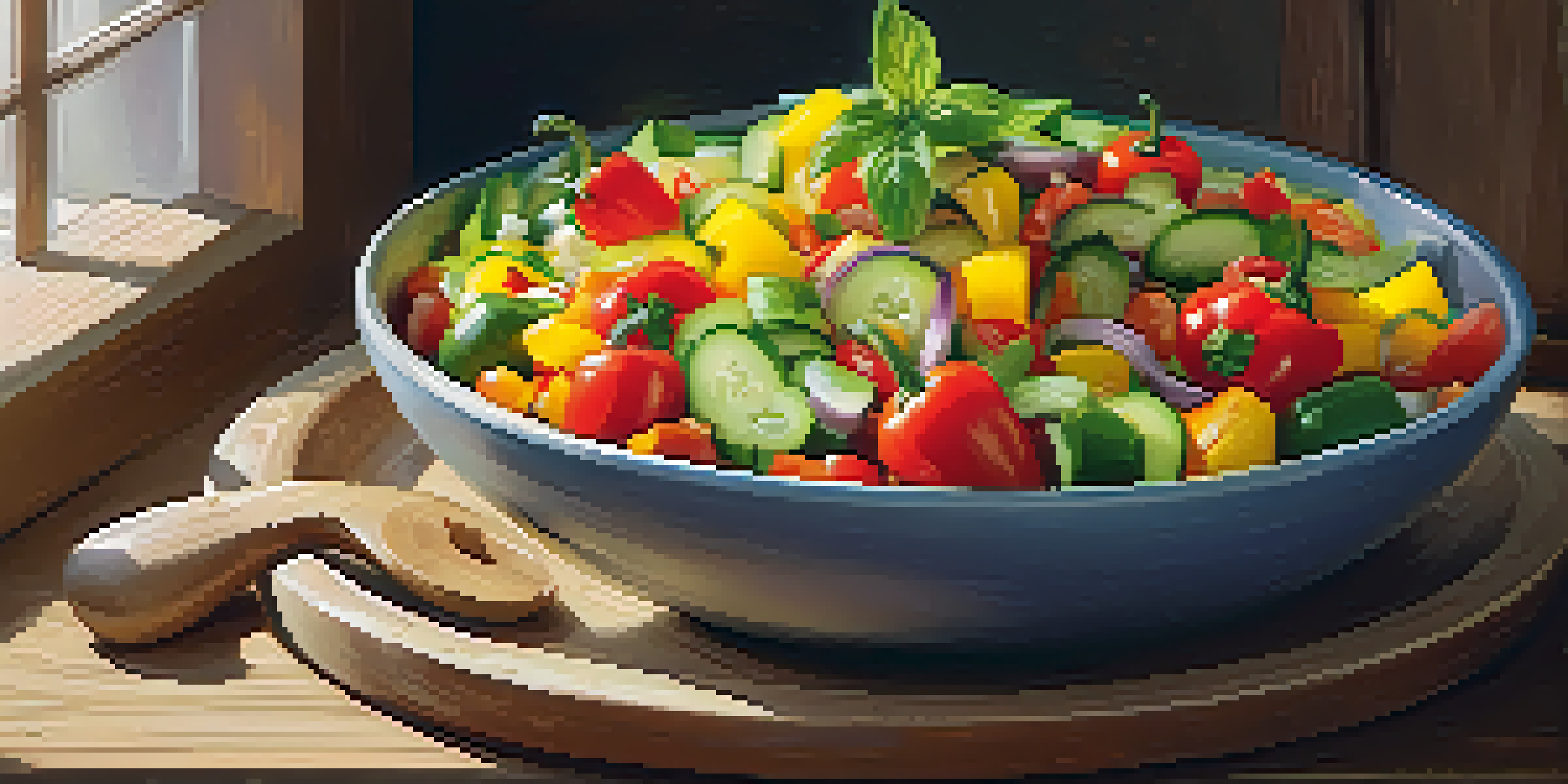 A colorful raw vegetable salad in a wooden bowl with chopped bell peppers, cucumbers, and cherry tomatoes, illuminated by sunlight.
