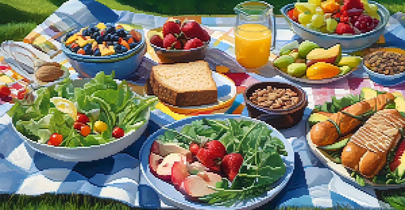 An outdoor picnic setup with a checkered blanket, featuring a fresh salad, colorful fruits, and raw energy bars, surrounded by grass, trees, and flowers.