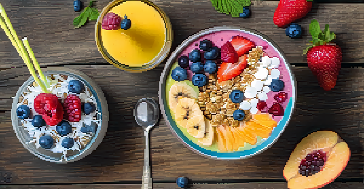 A delicious smoothie bowl decorated with fruits and granola on a rustic table.