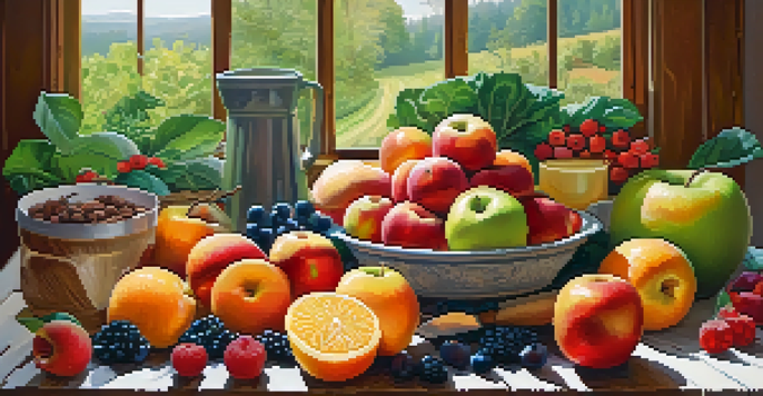 A colorful display of fresh raw foods including fruits, vegetables, and nuts, arranged on a wooden table with sunlight illuminating the scene.