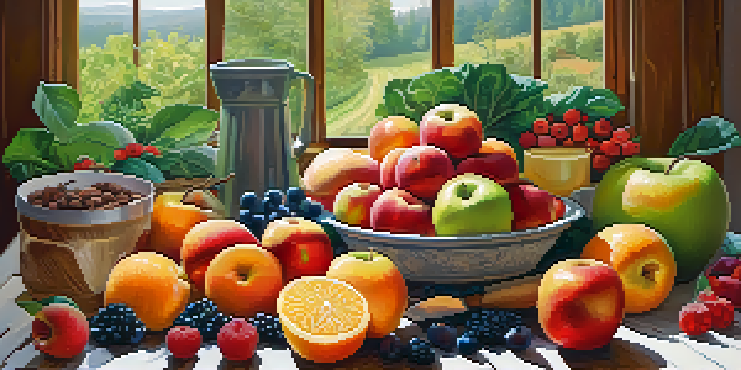 A colorful display of fresh raw foods including fruits, vegetables, and nuts, arranged on a wooden table with sunlight illuminating the scene.