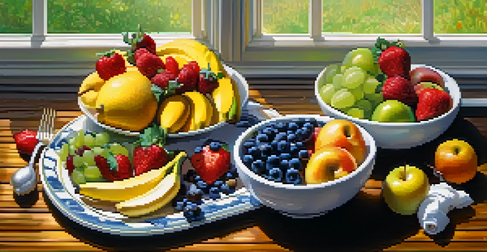A colorful assortment of fresh fruits on a wooden table, with a bowl of yogurt dip and fruit kebabs, illuminated by soft sunlight.
