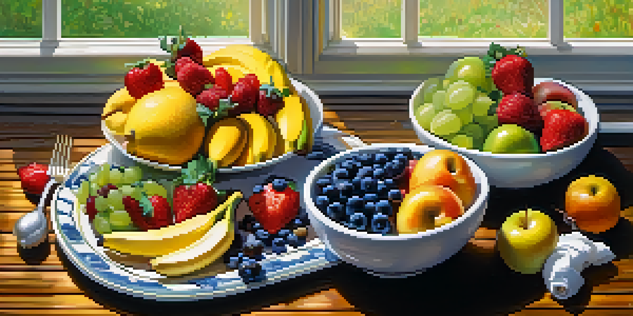 A colorful assortment of fresh fruits on a wooden table, with a bowl of yogurt dip and fruit kebabs, illuminated by soft sunlight.