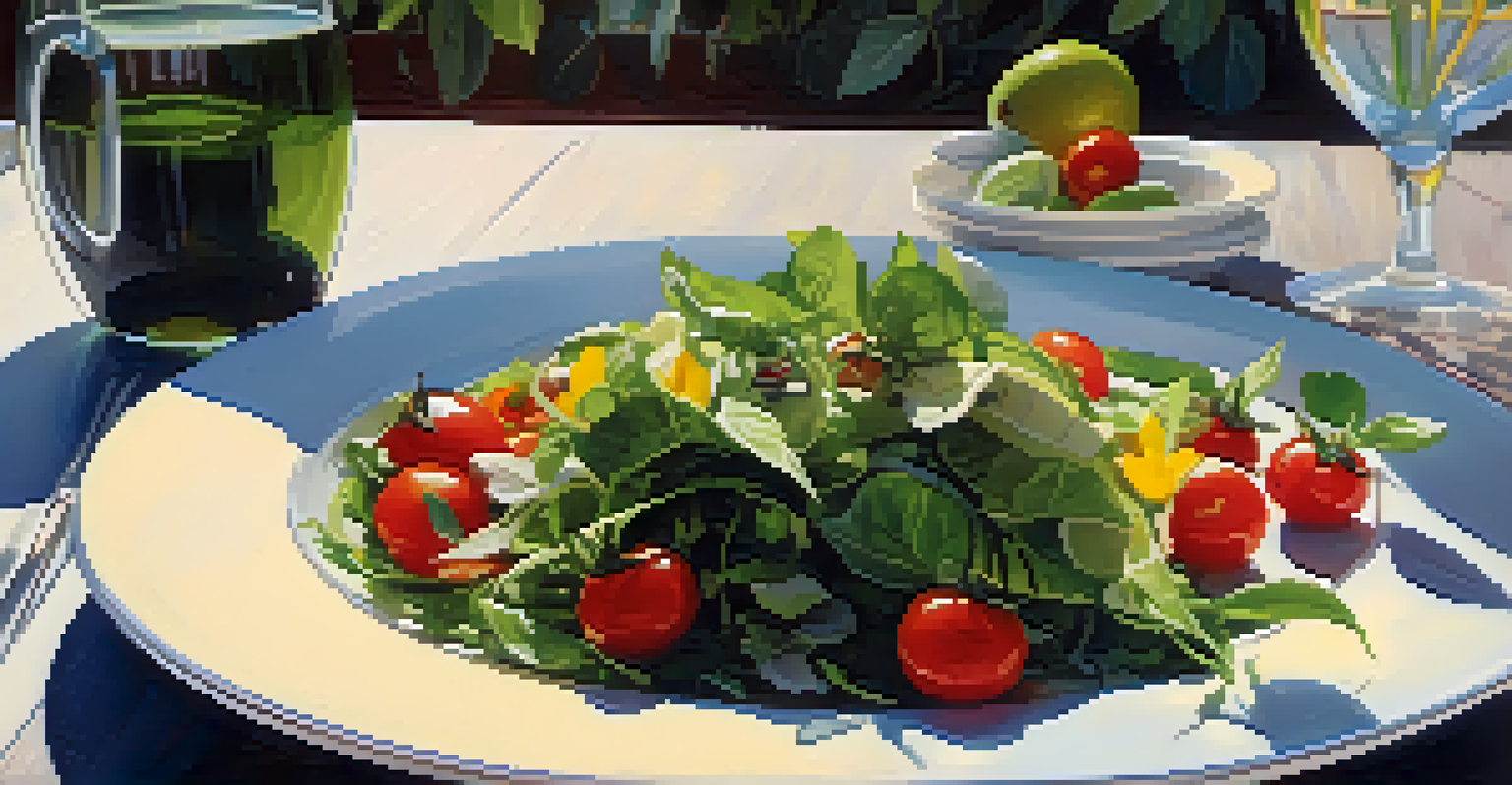 A beautifully plated raw vegan salad with greens, tomatoes, avocado, and flowers set in an outdoor environment with soft sunlight.