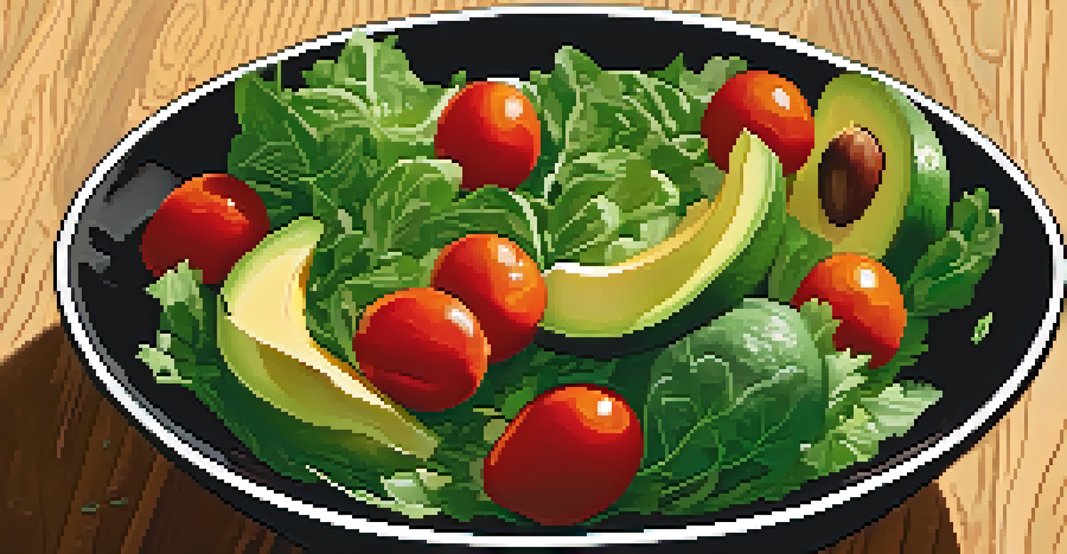 A colorful raw salad bowl with greens and avocados on a textured wooden background.