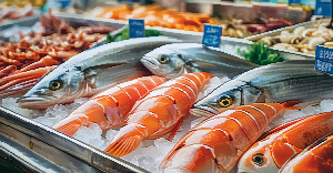 A close-up of fresh seafood on ice at a market, showcasing colorful fish and shellfish with bright eyes and shiny skin.