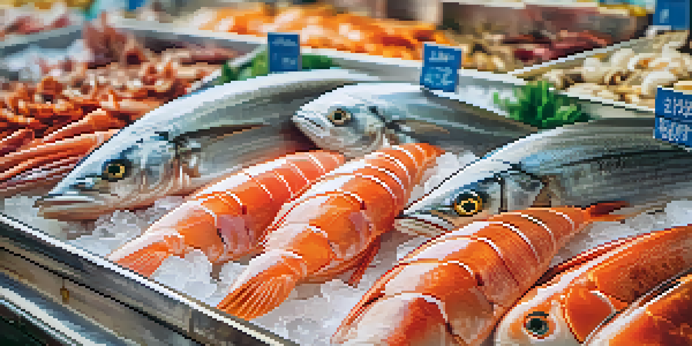 A close-up of fresh seafood on ice at a market, showcasing colorful fish and shellfish with bright eyes and shiny skin.