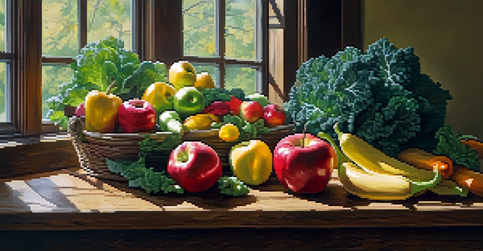 A colorful arrangement of fresh raw fruits and vegetables on a wooden table, illuminated by natural light.