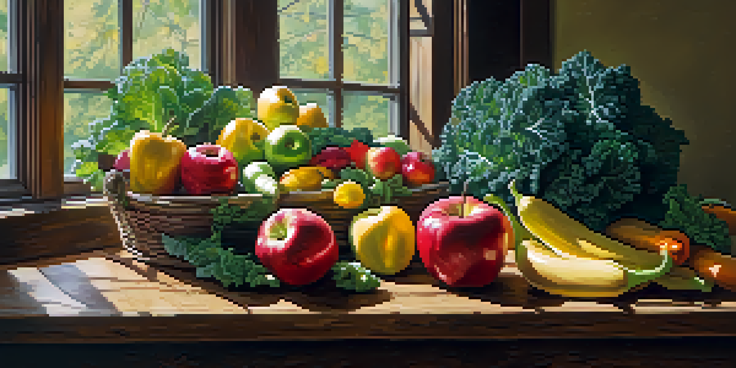 A colorful arrangement of fresh raw fruits and vegetables on a wooden table, illuminated by natural light.