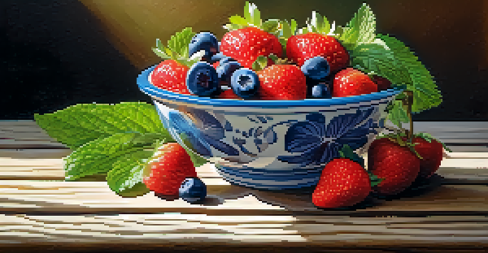 A colorful bowl of assorted raw fruits including strawberries, blueberries, bananas, and apples, garnished with mint, on a wooden table bathed in natural sunlight.
