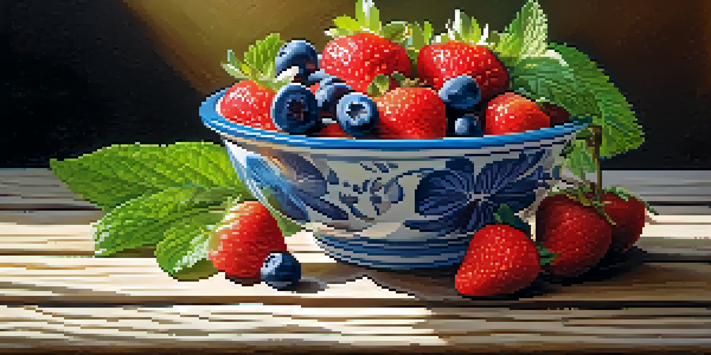 A colorful bowl of assorted raw fruits including strawberries, blueberries, bananas, and apples, garnished with mint, on a wooden table bathed in natural sunlight.