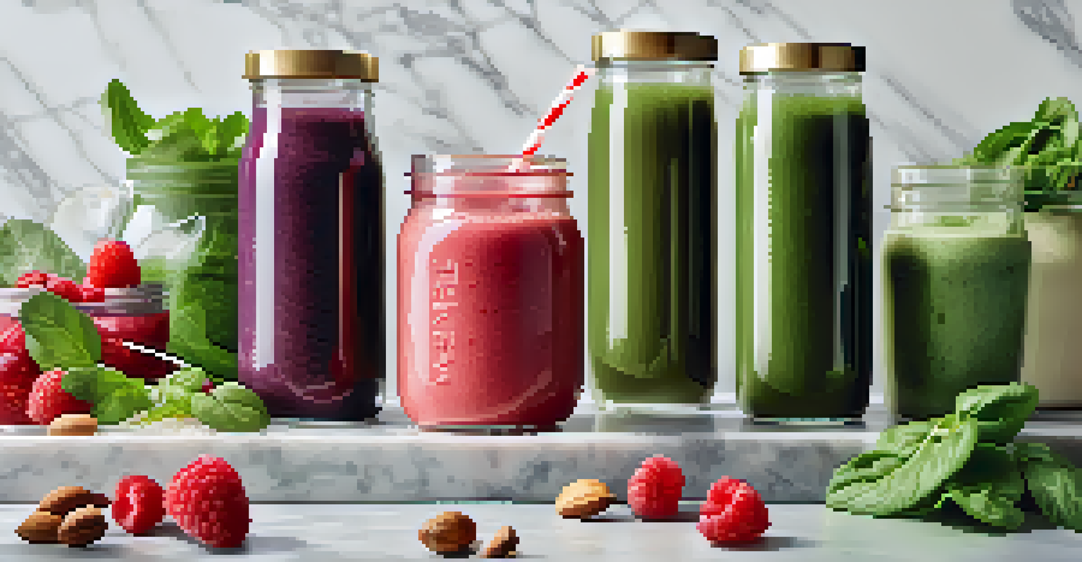 An assortment of raw food beverages in glass jars on a marble countertop, including a berry smoothie, green juice, and nut milk, with fresh ingredients surrounding them.