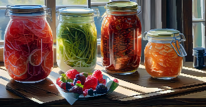A table filled with assorted fermented raw foods including kimchi, sauerkraut, yogurt with berries, and kombucha, illuminated by soft morning light.