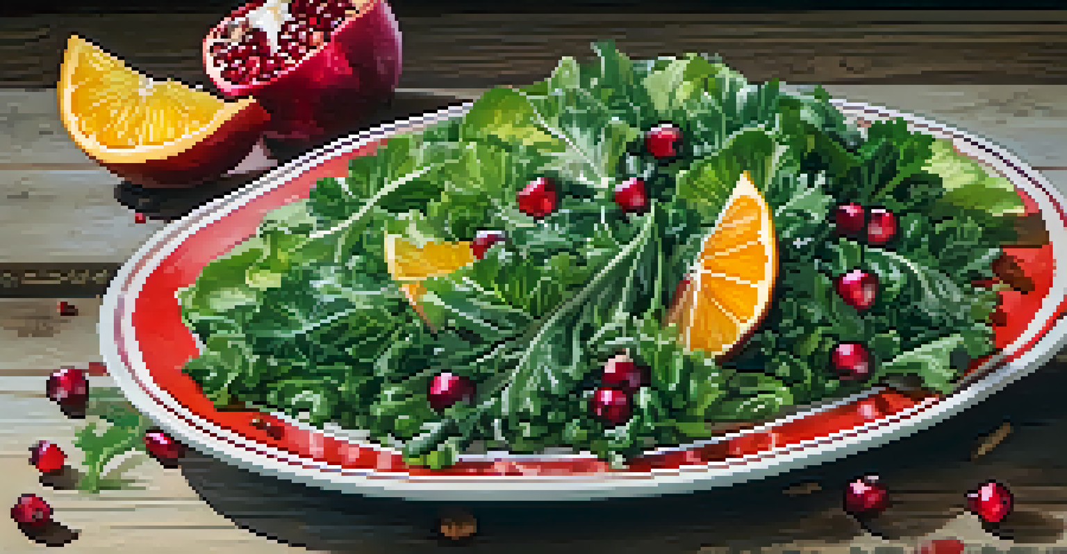 A colorful plate of raw seasonal salad with kale, pomegranate seeds, and citrus dressing on a rustic wooden table.