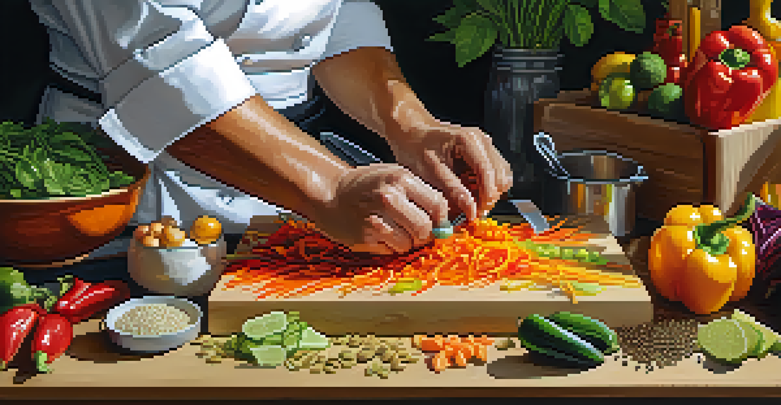 A chef's hands preparing fresh raw ingredients like bell peppers and avocado, surrounded by produce and kitchen tools in a warm, well-lit kitchen.