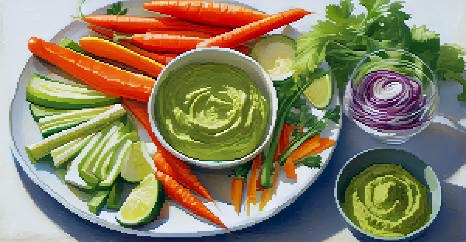 A plate of raw vegetable sticks with a bowl of guacamole, showcasing freshness and color.