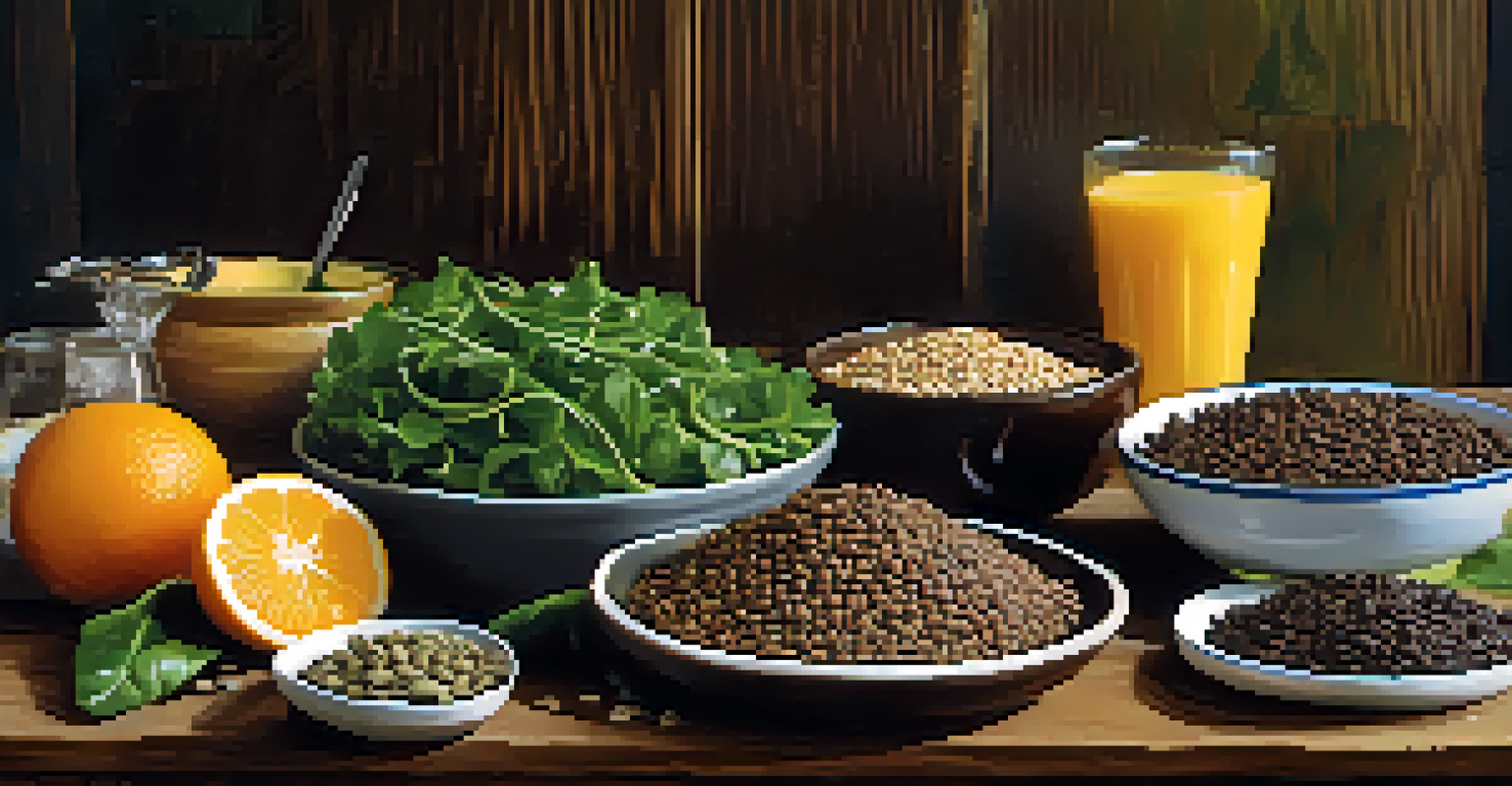 An arrangement of iron-rich foods like sprouted lentils, sunflower seeds, and dark chocolate on a wooden table with green vegetables and orange juice in the background.