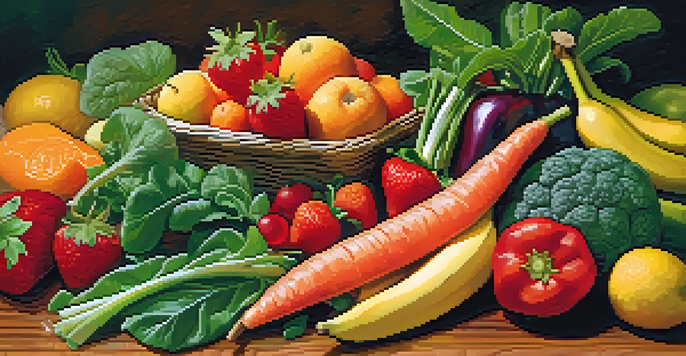 A colorful display of fresh raw fruits and vegetables on a wooden table, showcasing strawberries, bananas, spinach, and carrots with a soft glow.