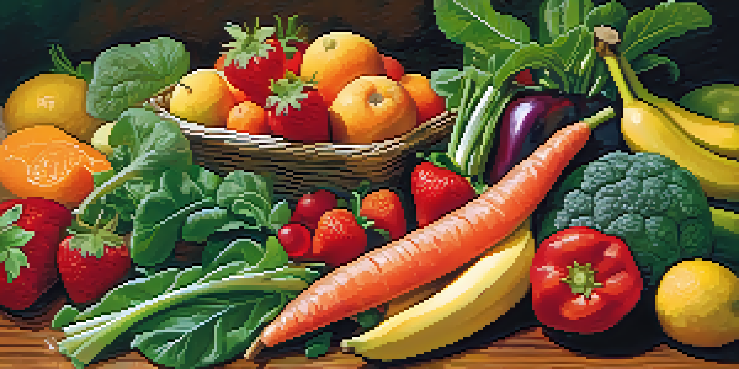 A colorful display of fresh raw fruits and vegetables on a wooden table, showcasing strawberries, bananas, spinach, and carrots with a soft glow.