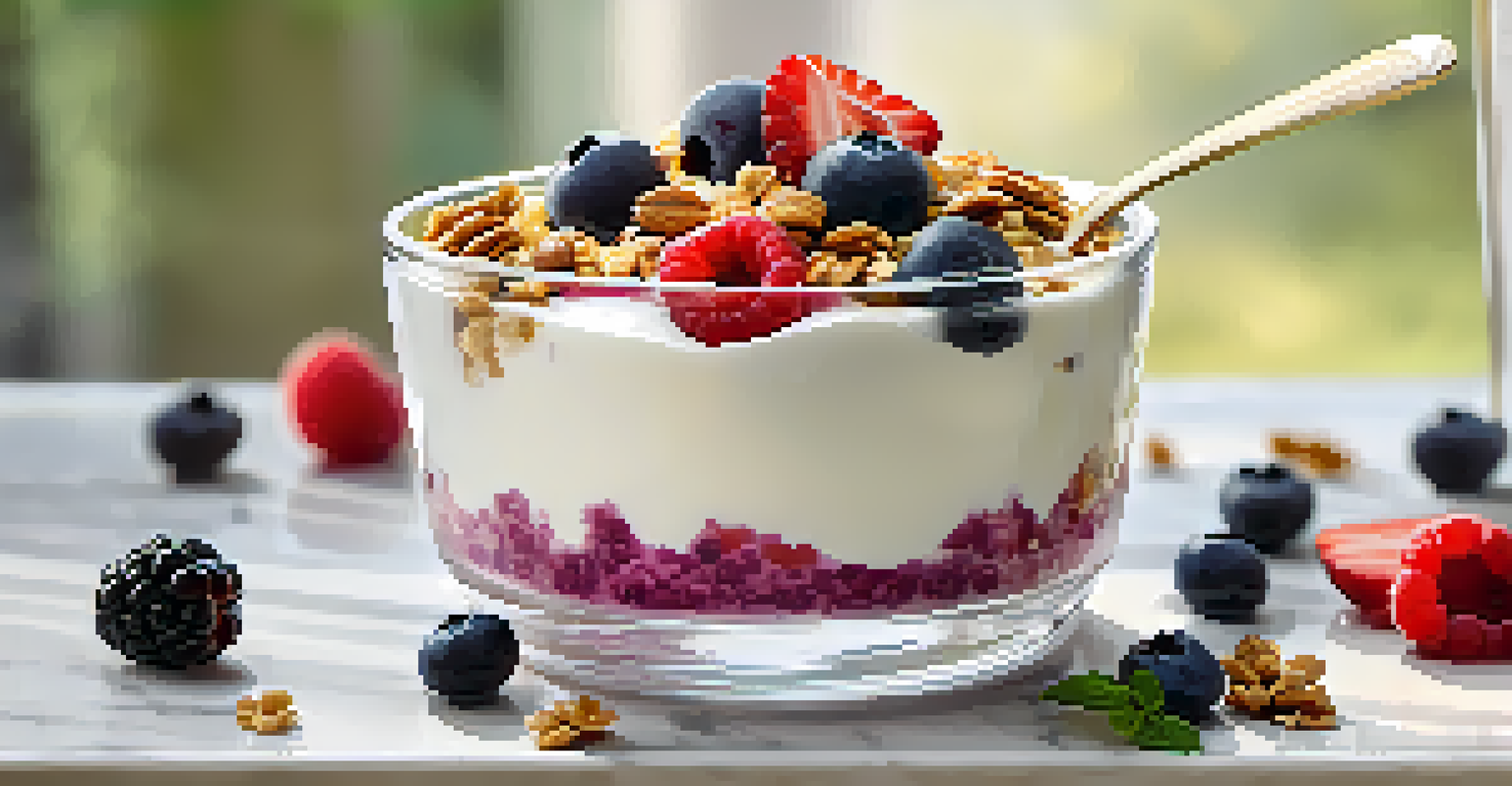 A yogurt parfait in a clear glass with granola, berries, and honey on a marble countertop.