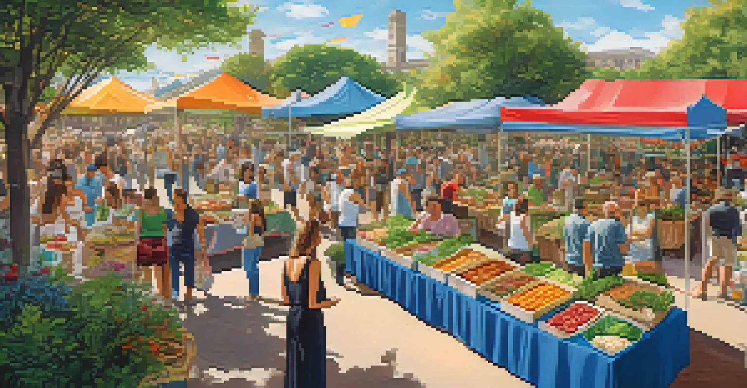A lively outdoor raw food festival with people enjoying raw dishes at decorated booths surrounded by greenery and blue sky.