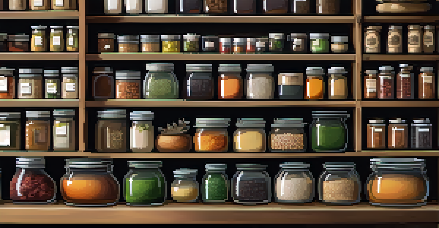 An organized pantry with jars of specialty food ingredients and a basket of fresh herbs.