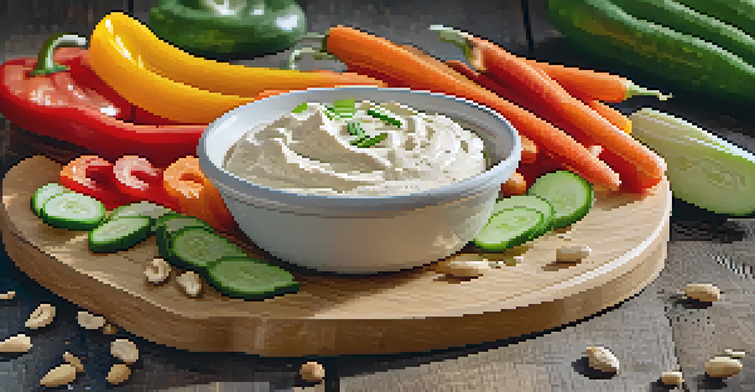 A wooden board displaying a creamy cashew cheese spread with fresh vegetable sticks.
