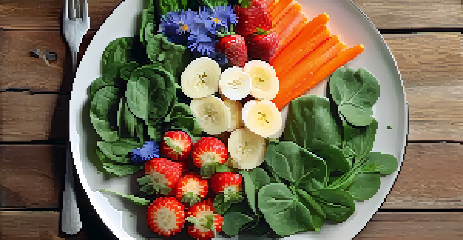 An artistic close-up of a plate featuring colorful raw vegetables and fruits, garnished with edible flowers.