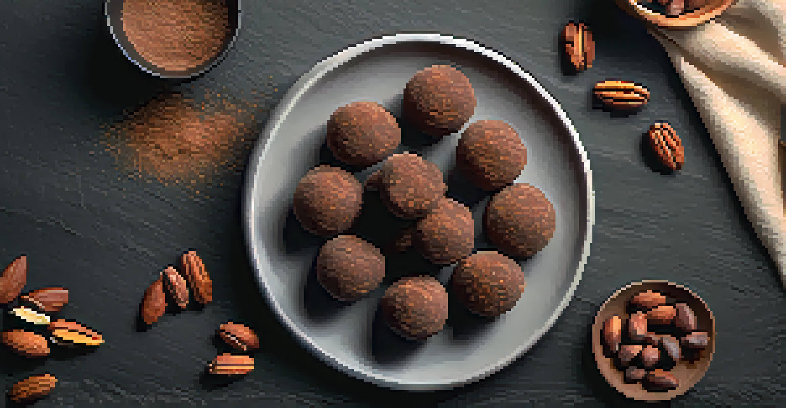 Raw energy balls made from dates, nuts, and cocoa powder displayed on a slate board in a cozy kitchen setting.