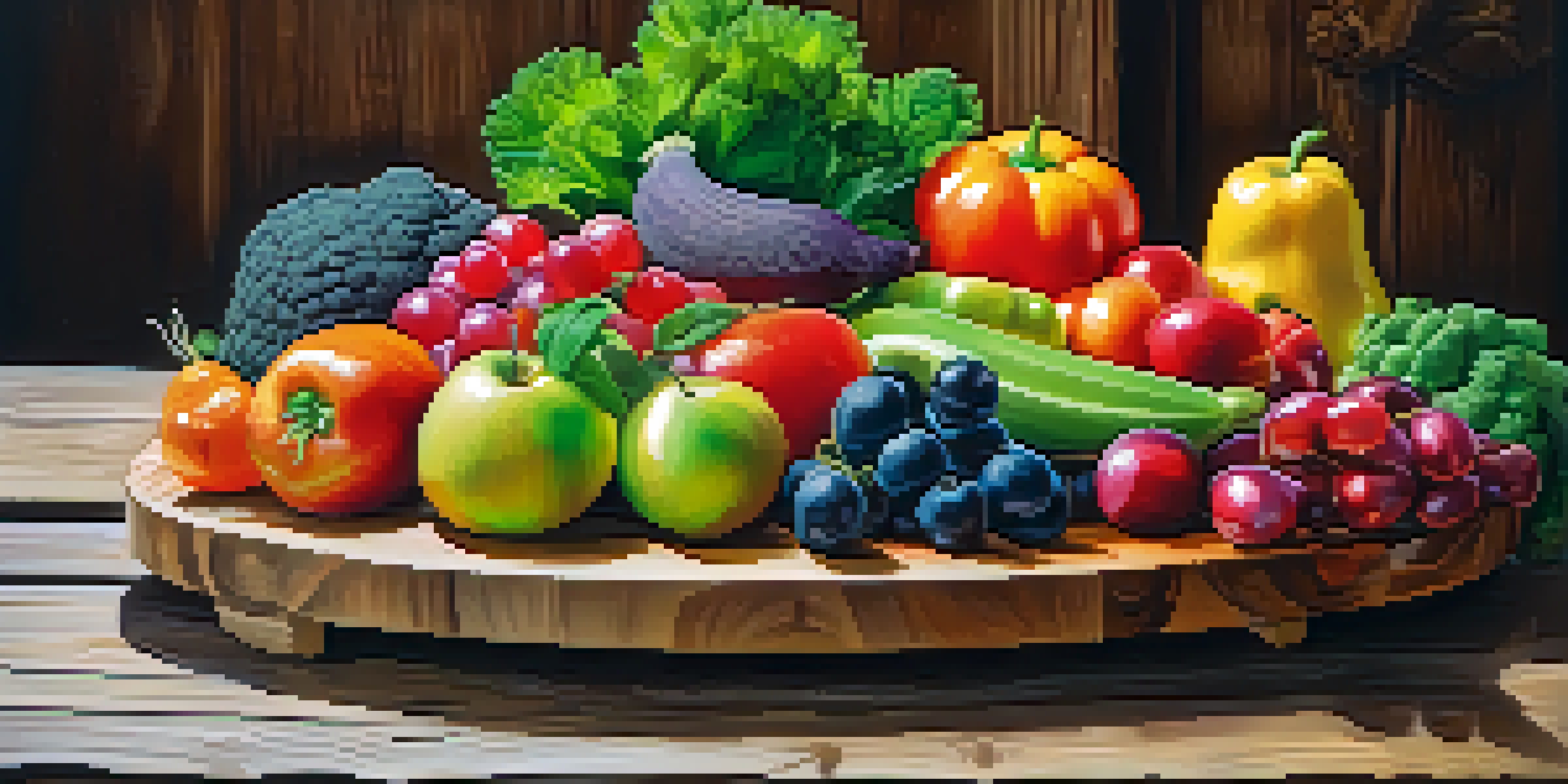 A colorful raw food platter with fresh fruits and vegetables on a wooden table, brightly lit with greenery in the background.